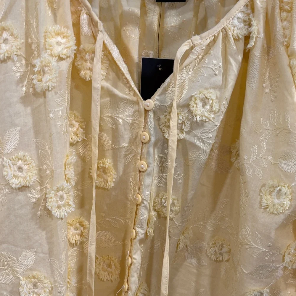 Embroidered Yellow Peasant Blouse with Tie Neck - Women - Picture 2 of 2